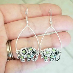 Silver Elephant Earrings, Crystal Elephant Earrings, Elephant Dangle Earrings